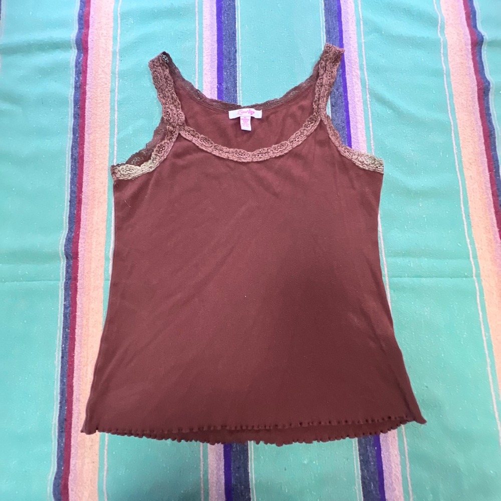 Zena Tank Top Womens XL Brown Lace Trim Ribbed Cotton Y2K Coquette Camisole